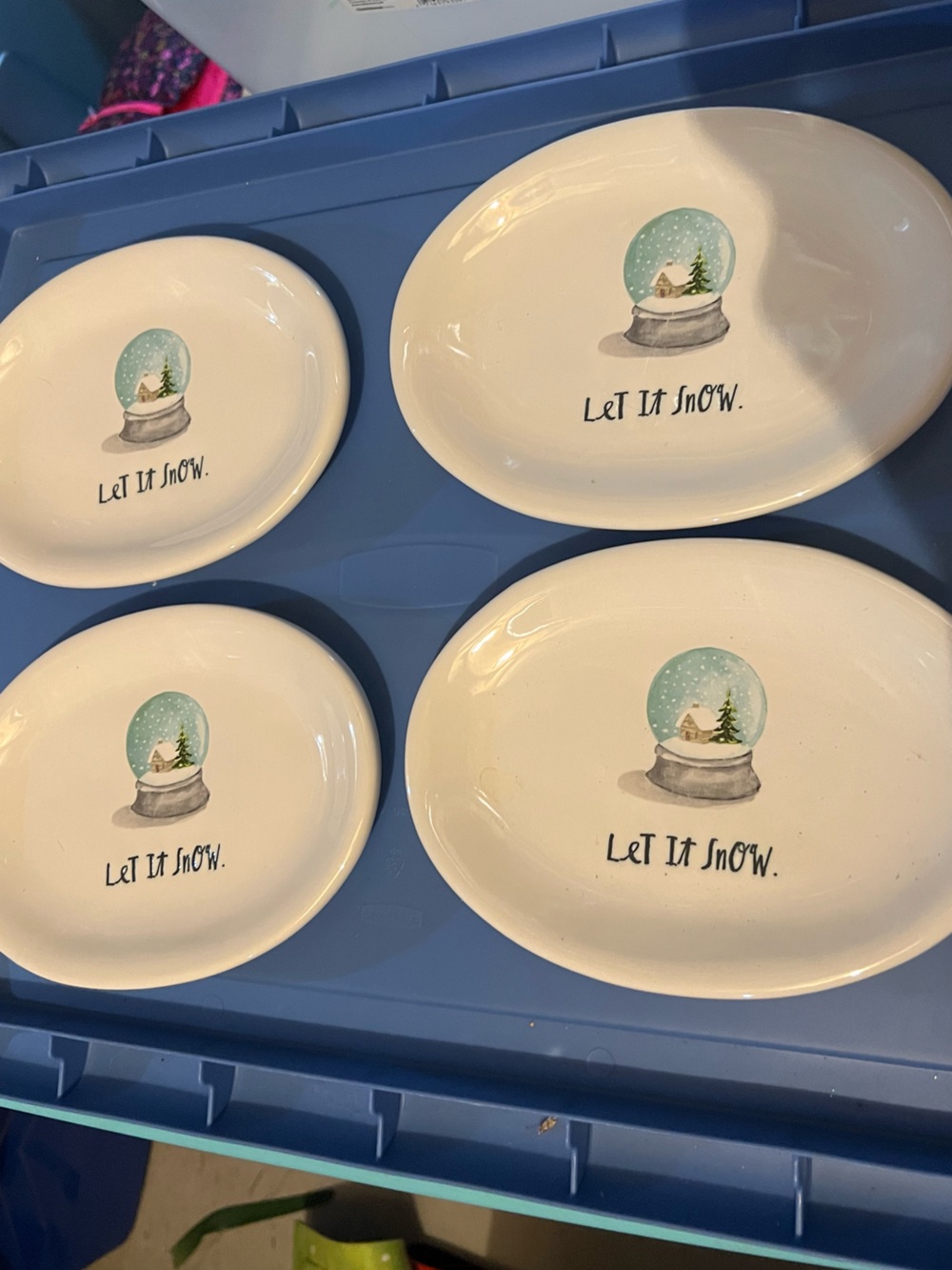 Rae Dunn White Ceramic Plates with Blue-Green Snow Globe Design